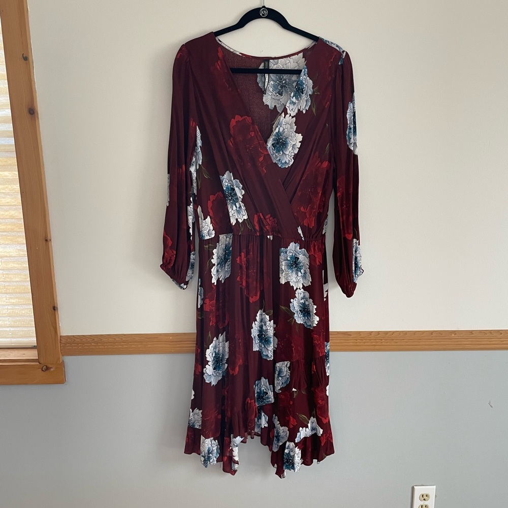 Anthropologie floral faux wrap dress with elastic waist and ruffled hem, size XL